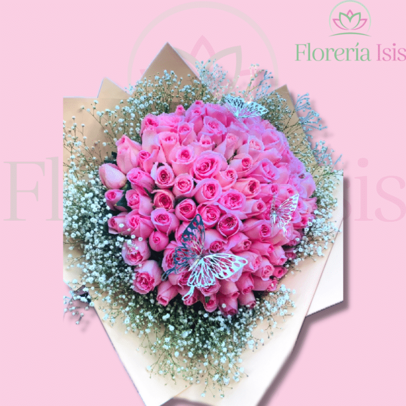Ramo de 100 rosas y mariposas - Florería Isis - Envio de Flores a Domicilio  Tijuana, Floreria en Linea Tijuana, Arreglos Florales Tijuana